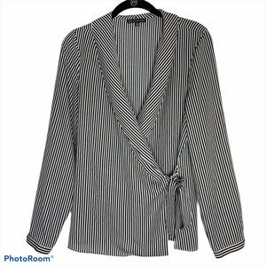 Adrianna Papell Wrap Blouse Long Sleeve Pinstripe